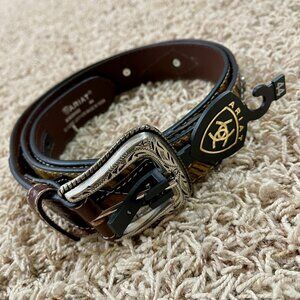 Ariat Men's Calf Hair Concho Tooled Leather Belt Brown, Size 44 (New)